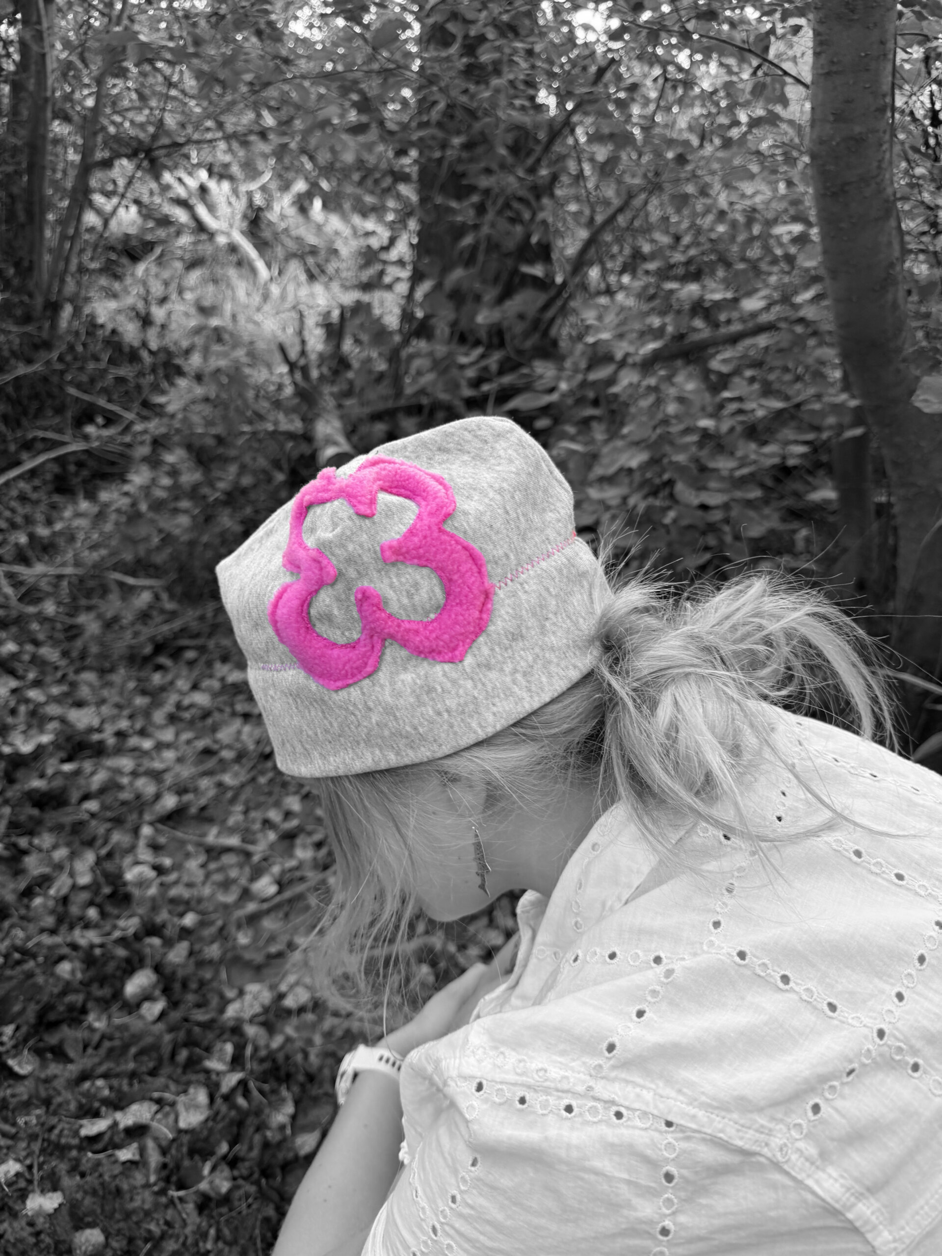 Hot Pink Flower Hat - Grey Sweatshirt - Image 2